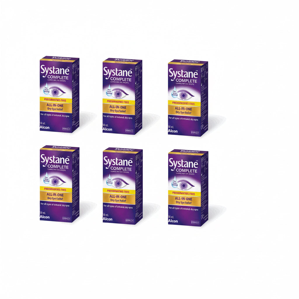 Systane Complete Preservative-Free Lubricant Eye Drops 10mL, six boxes shown in a row, each showing the yellow Preservative-Free stripe